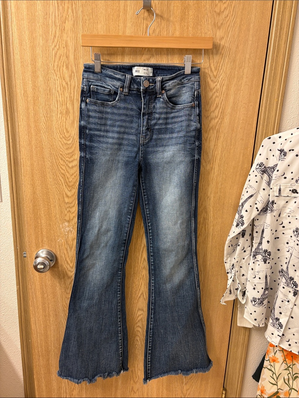 BKE Dark Blue Flare Jeans with Frayed Hem